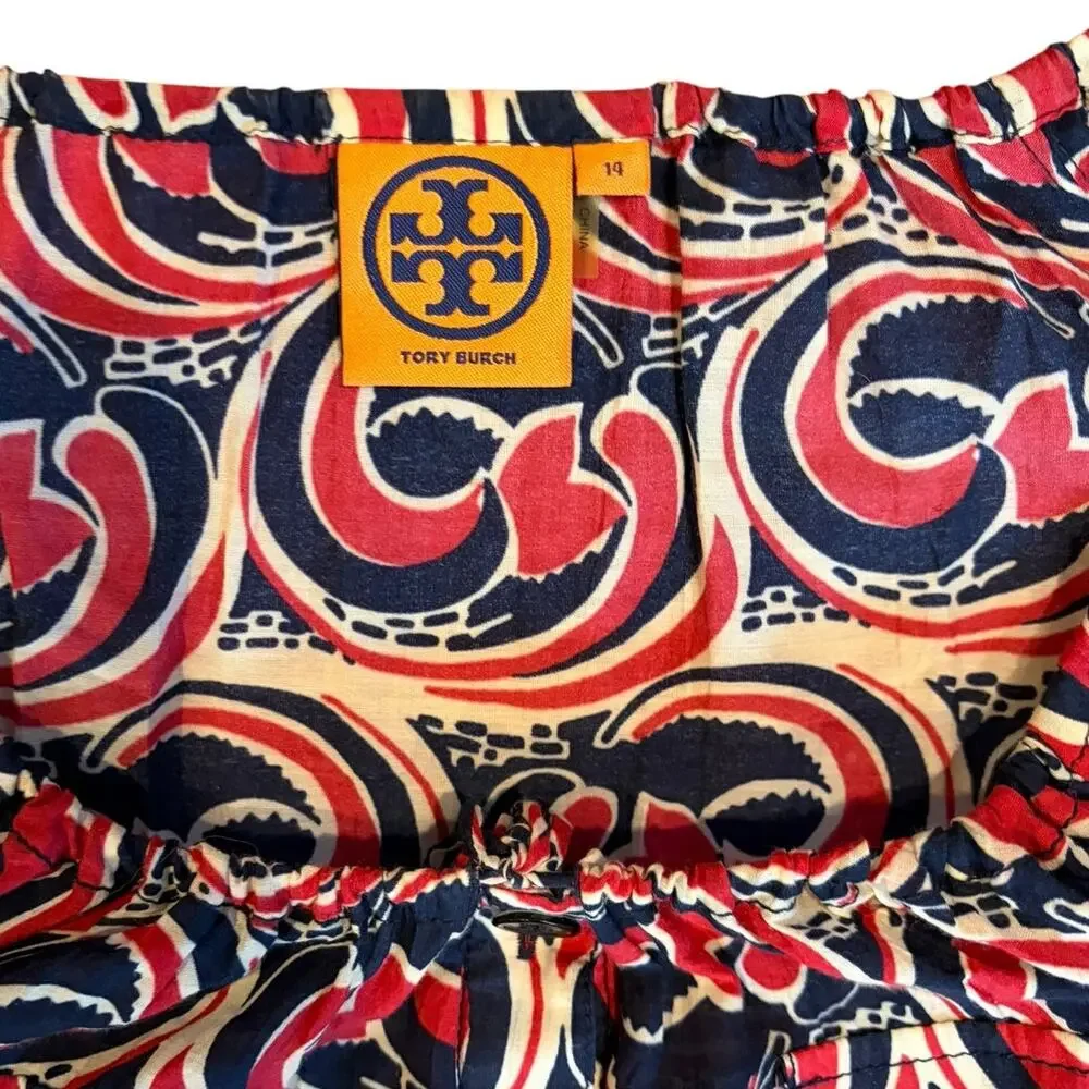 TORY BURCH Women's Abstract Button Down Blouse Sz 14 Red Blue Cotton Silk Blend